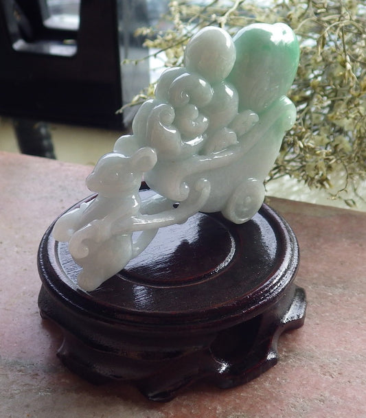 Certified Green Burma 100% Natural A Jade jadeite Display Mouse Rat Coin Peach Ginseng 发财鼠 644721  TN