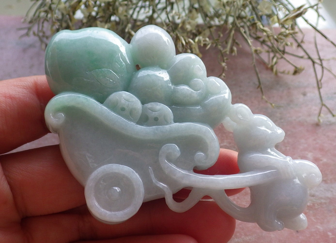 Certified Green Burma 100% Natural A Jade jadeite Display Mouse Rat Coin Peach Ginseng 发财鼠 644721  TN