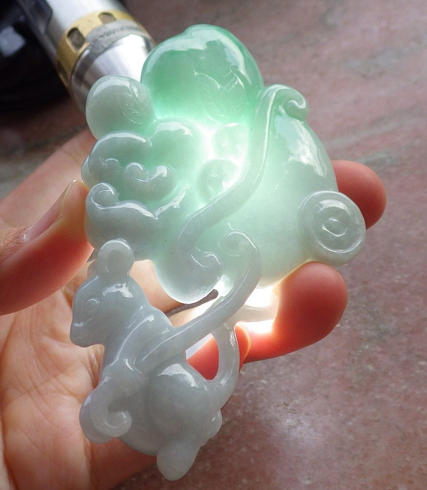 Certified Green Burma 100% Natural A Jade jadeite Display Mouse Rat Coin Peach Ginseng 发财鼠 644721  TN