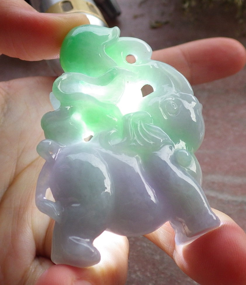 Certified Green Lavender Burma 100% Natural A Jade jadeite Display Elephant Monkey Ruyi Peach Necklace 封侯拜相 644732  TN