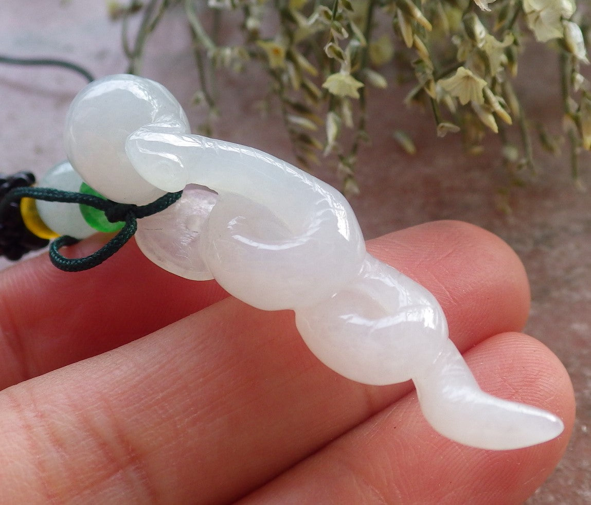 Certified Icy White Burma 100% Natural A Jade jadeite pendant Snake Money Coin Necklace 招财蛇 644749  TN