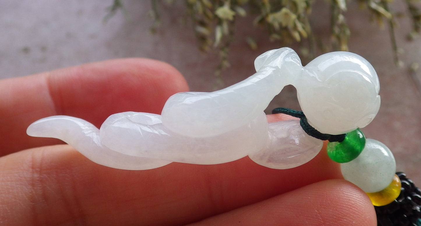 Certified Icy White Burma 100% Natural A Jade jadeite pendant Snake Money Coin Necklace 招财蛇 644749  TN