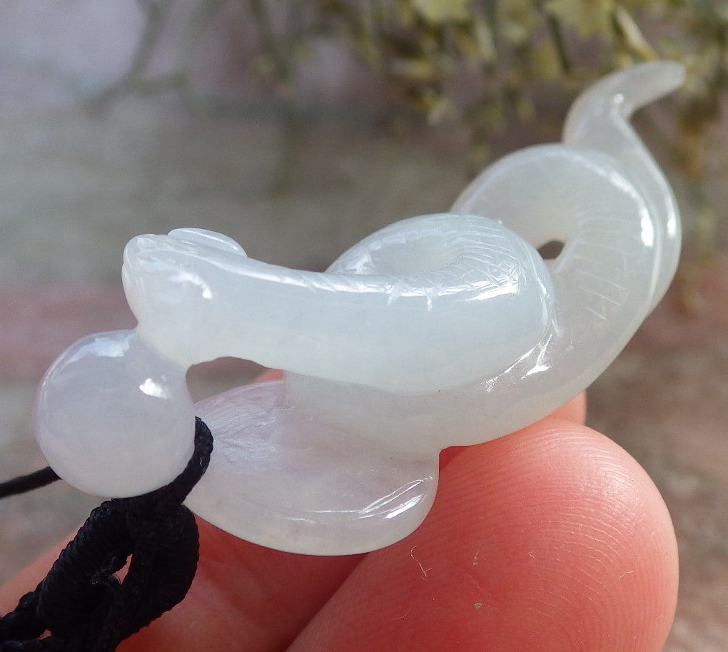 Certified Icy White Burma 100% Natural A Jade jadeite pendant Snake Money Coin Necklace 招财蛇 644796  TN