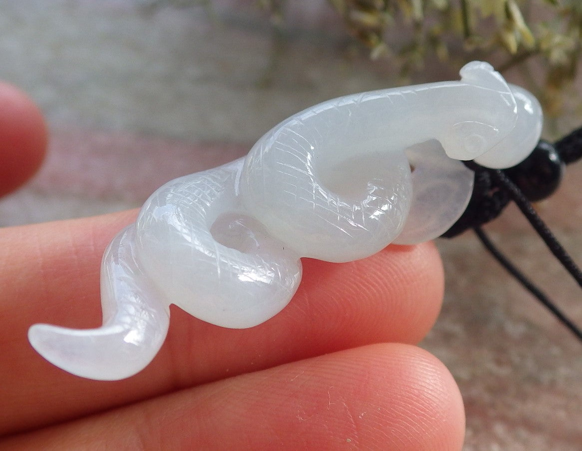Certified Icy White Burma 100% Natural A Jade jadeite pendant Snake Money Coin Necklace 招财蛇 644796  TN