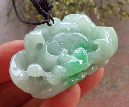 Certified Green Burma 100% Natural A Jade jadeite Pendant Frog Toad Lotus Flower Necklace 招财蟾 644836  TN