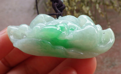 Certified Green Burma 100% Natural A Jade jadeite Pendant Frog Toad Lotus Flower Necklace 招财蟾 644836  TN