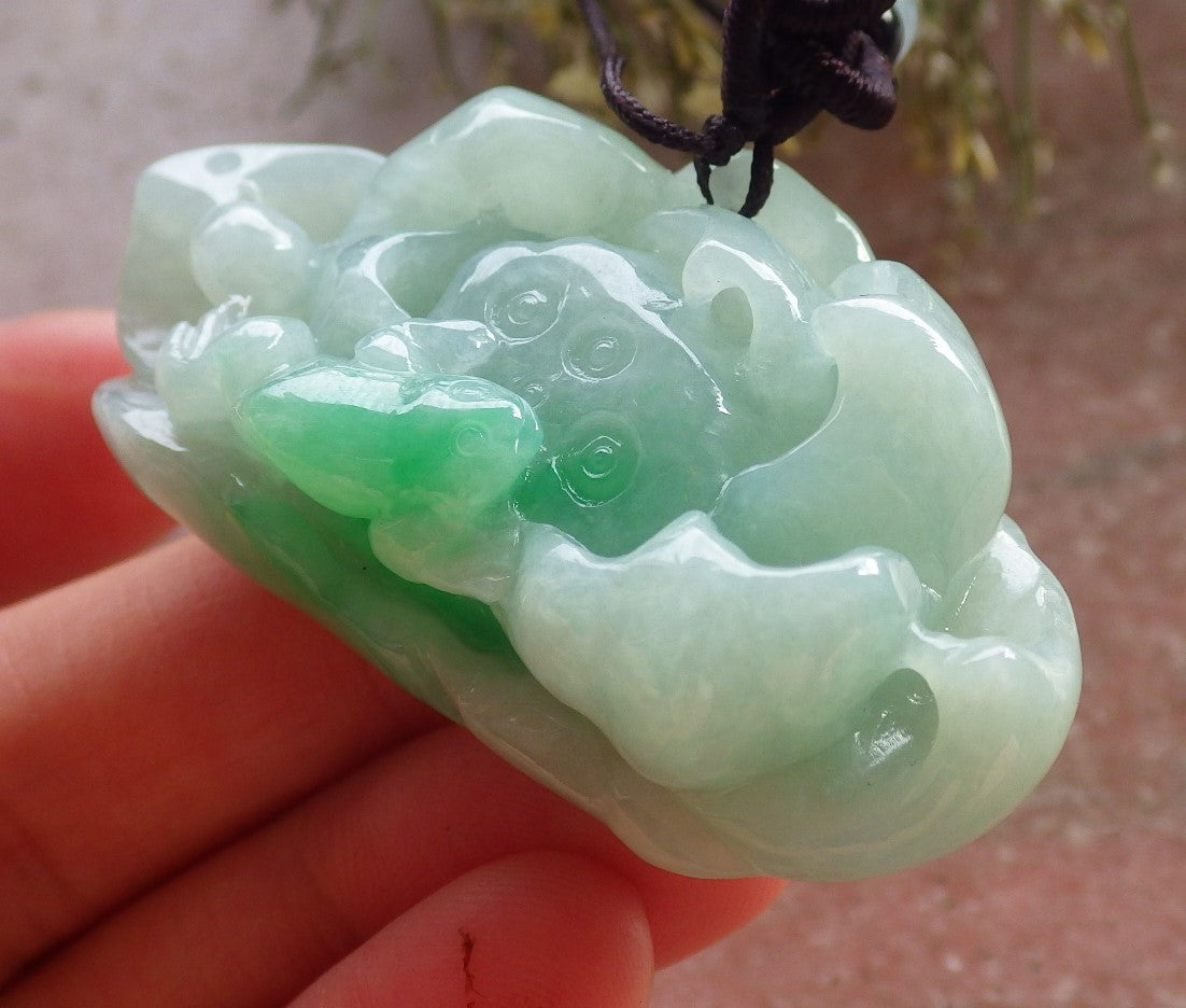 Certified Green Burma 100% Natural A Jade jadeite Pendant Frog Toad Lotus Flower Necklace 招财蟾 644836  TN