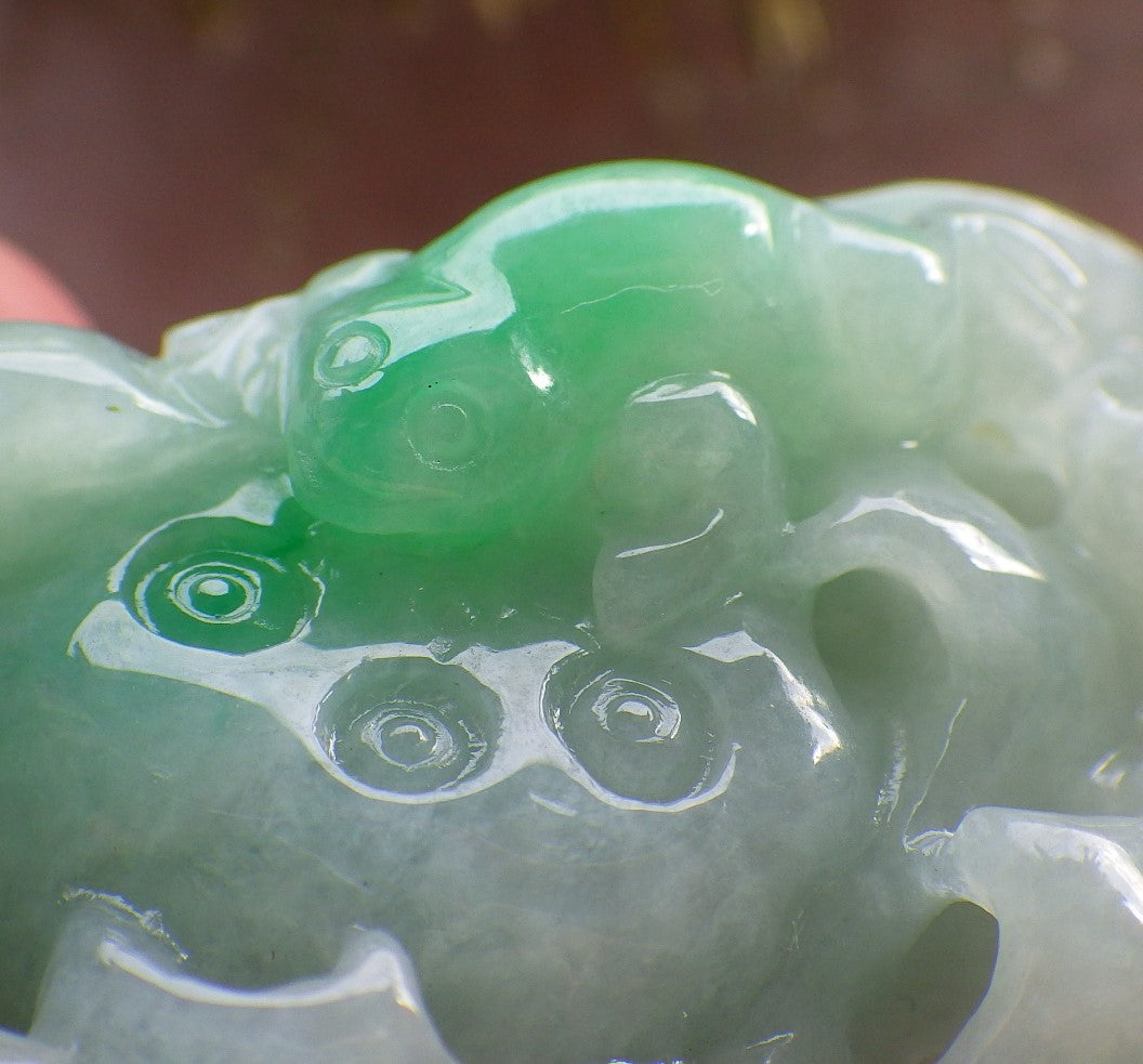 Certified Green Burma 100% Natural A Jade jadeite Pendant Frog Toad Lotus Flower Necklace 招财蟾 644836  TN