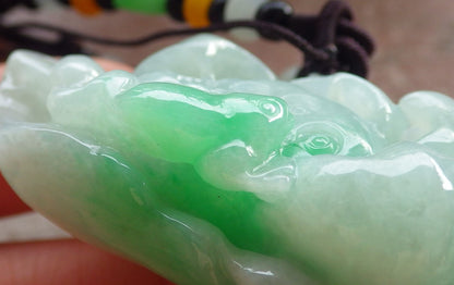 Certified Green Burma 100% Natural A Jade jadeite Pendant Frog Toad Lotus Flower Necklace 招财蟾 644836  TN