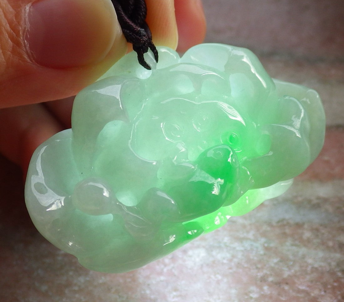 Certified Green Burma 100% Natural A Jade jadeite Pendant Frog Toad Lotus Flower Necklace 招财蟾 644836  TN