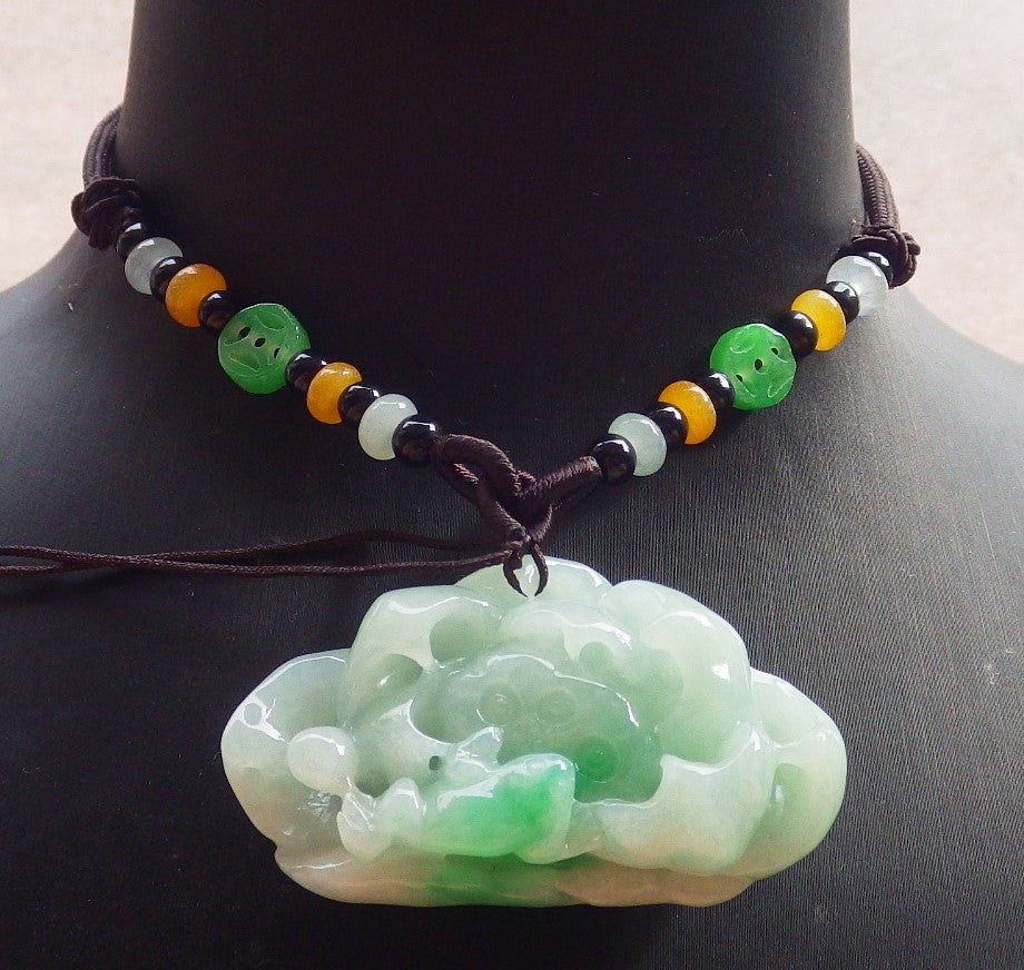 Certified Green Burma 100% Natural A Jade jadeite Pendant Frog Toad Lotus Flower Necklace 招财蟾 644836  TN