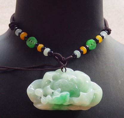 Certified Green Burma 100% Natural A Jade jadeite Pendant Frog Toad Lotus Flower Necklace 招财蟾 644836  TN