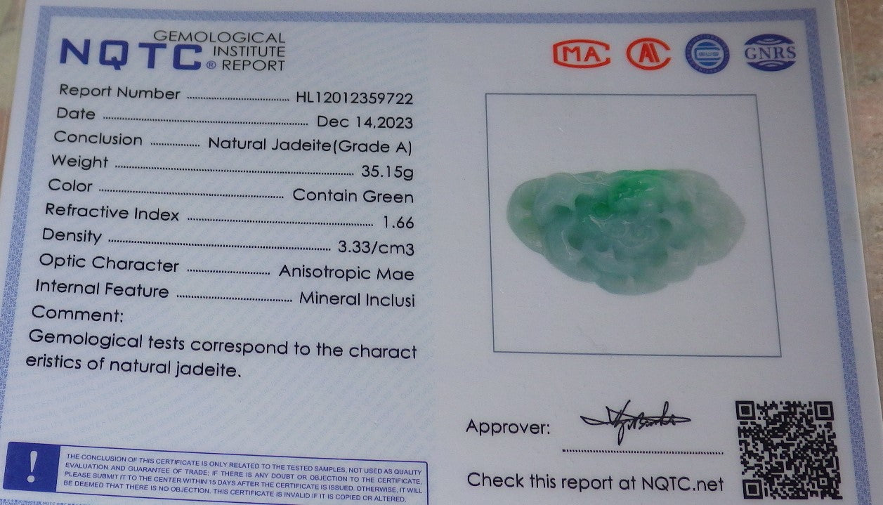 Certified Green Burma 100% Natural A Jade jadeite Pendant Frog Toad Lotus Flower Necklace 招财蟾 644836  TN