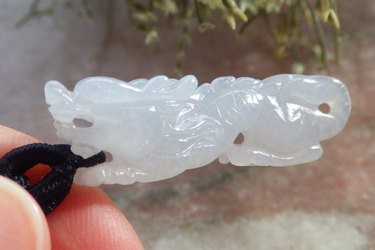 Certified Icy White Burma 100% Natural A Jade jadeite Pendant Dragon Necklace 生意兴隆 644846  TN