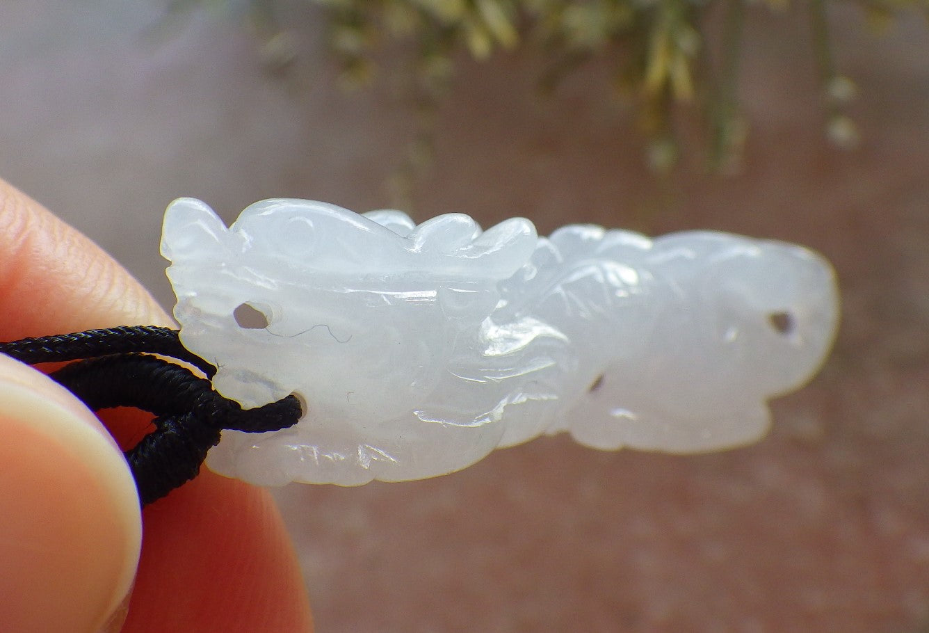 Certified Icy White Burma 100% Natural A Jade jadeite Pendant Dragon Necklace 生意兴隆 644846  TN