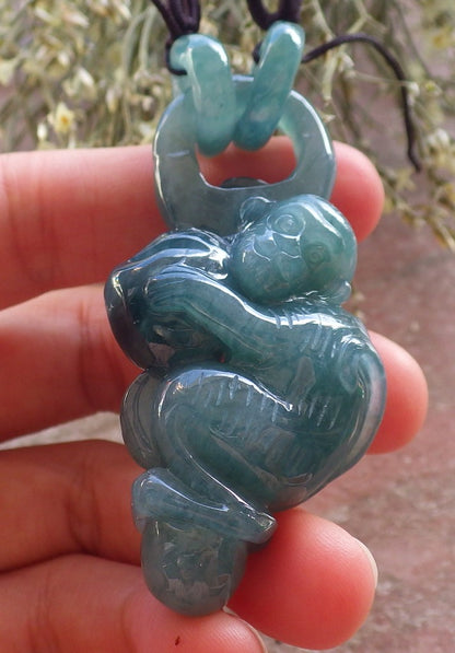 Certified Icy Green Burma 100% Natural A Jade jadeite Pendant Monkey Peach W Ring 猴子 644890  TN
