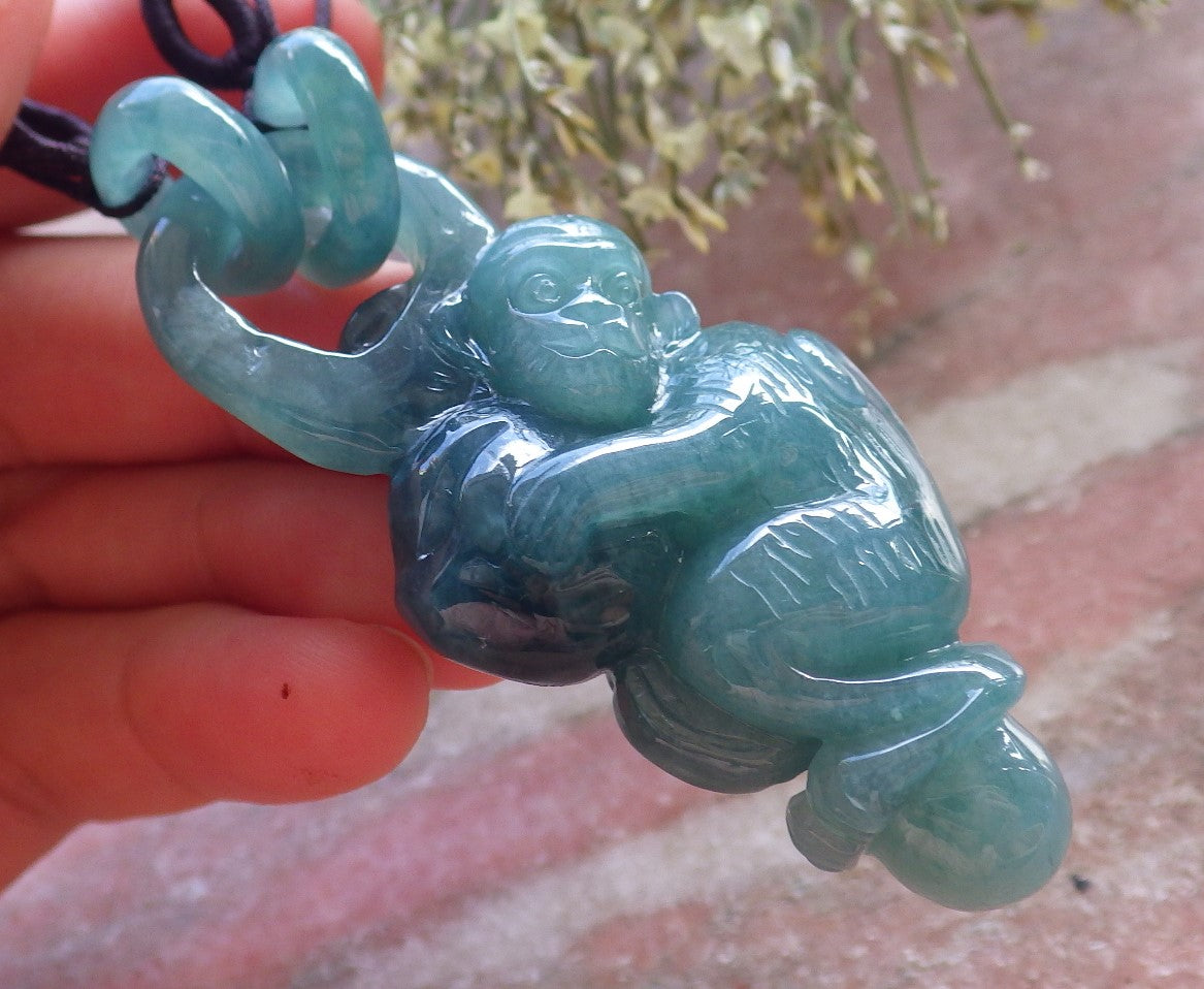 Certified Icy Green Burma 100% Natural A Jade jadeite Pendant Monkey Peach W Ring 猴子 644890  TN
