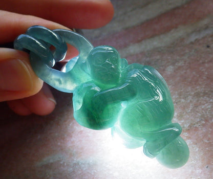Certified Icy Green Burma 100% Natural A Jade jadeite Pendant Monkey Peach W Ring 猴子 644890  TN