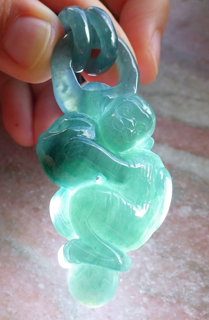 Certified Icy Green Burma 100% Natural A Jade jadeite Pendant Monkey Peach W Ring 猴子 644890  TN