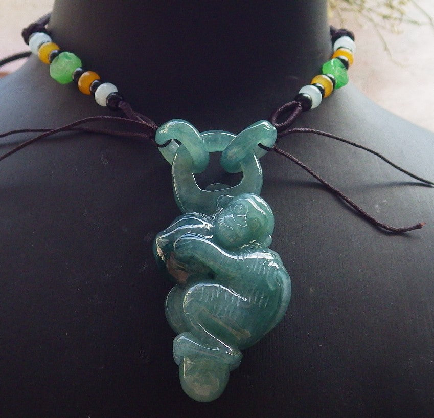 Certified Icy Green Burma 100% Natural A Jade jadeite Pendant Monkey Peach W Ring 猴子 644890  TN