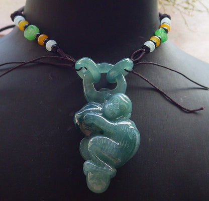 Certified Icy Green Burma 100% Natural A Jade jadeite Pendant Monkey Peach W Ring 猴子 644890  TN