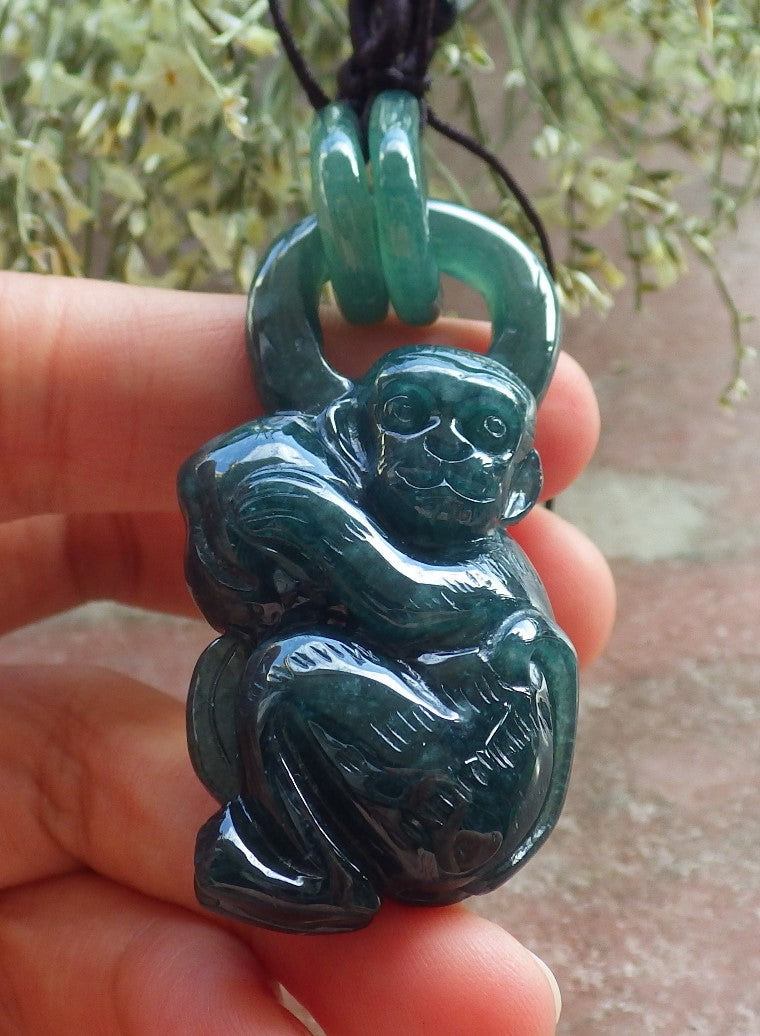 Certified Icy Green Burma 100% Natural A Jade jadeite Pendant Monkey Peach W Ring 猴子 644899  TN