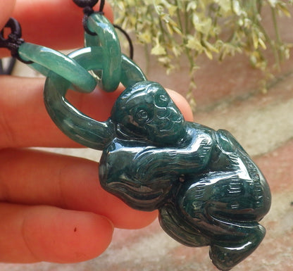 Certified Icy Green Burma 100% Natural A Jade jadeite Pendant Monkey Peach W Ring 猴子 644899  TN