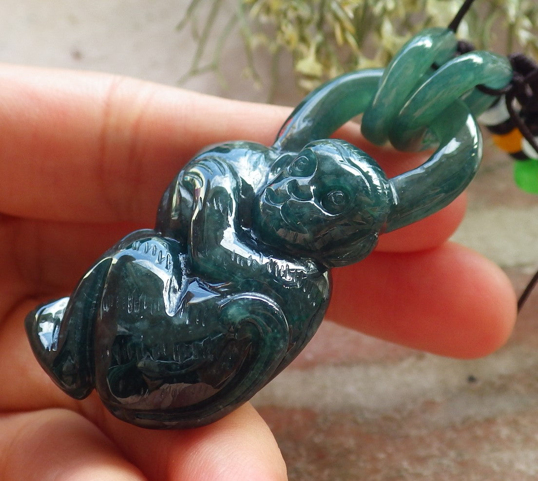 Certified Icy Green Burma 100% Natural A Jade jadeite Pendant Monkey Peach W Ring 猴子 644899  TN