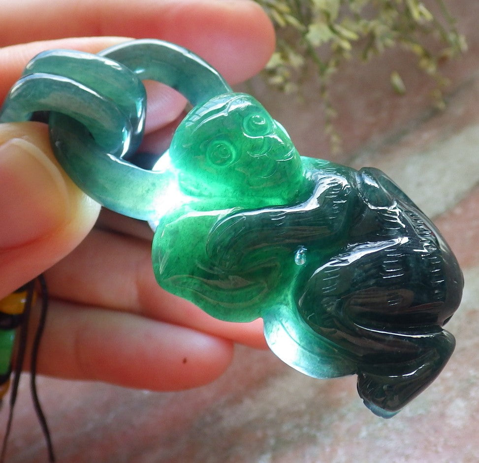 Certified Icy Green Burma 100% Natural A Jade jadeite Pendant Monkey Peach W Ring 猴子 644899  TN