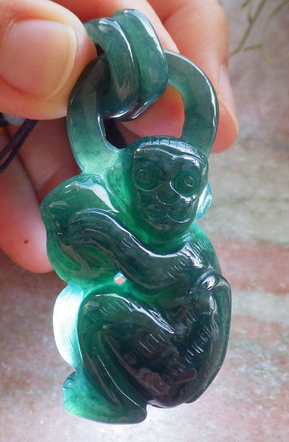 Certified Icy Green Burma 100% Natural A Jade jadeite Pendant Monkey Peach W Ring 猴子 644899  TN