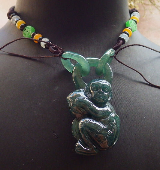 Certified Icy Green Burma 100% Natural A Jade jadeite Pendant Monkey Peach W Ring 猴子 644899  TN