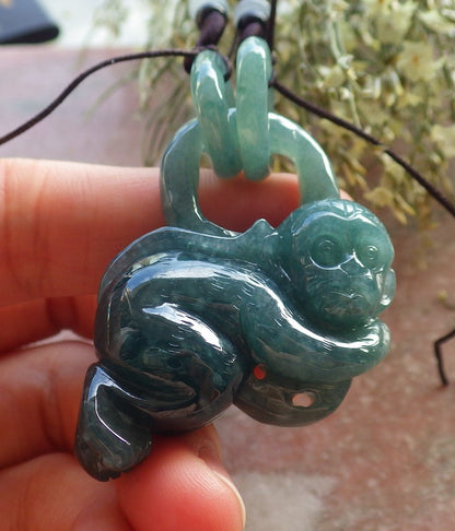 Certified Icy Green Burma 100% Natural A Jade jadeite Pendant Monkey Peach W Ring 猴子 644945  TN