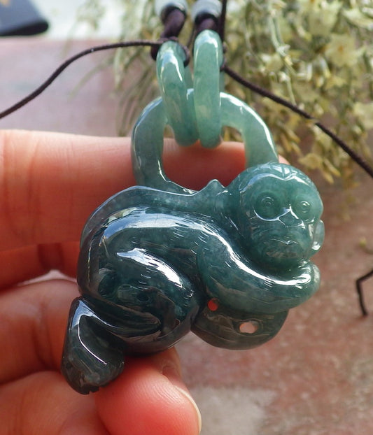 Certified Icy Green Burma 100% Natural A Jade jadeite Pendant Monkey Peach W Ring 猴子 644945  TN