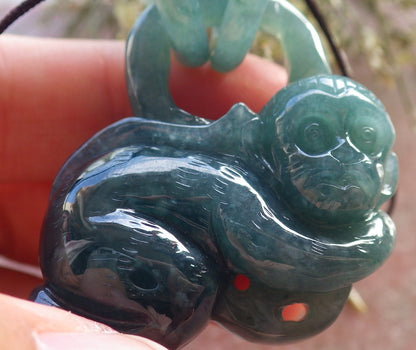 Certified Icy Green Burma 100% Natural A Jade jadeite Pendant Monkey Peach W Ring 猴子 644945  TN