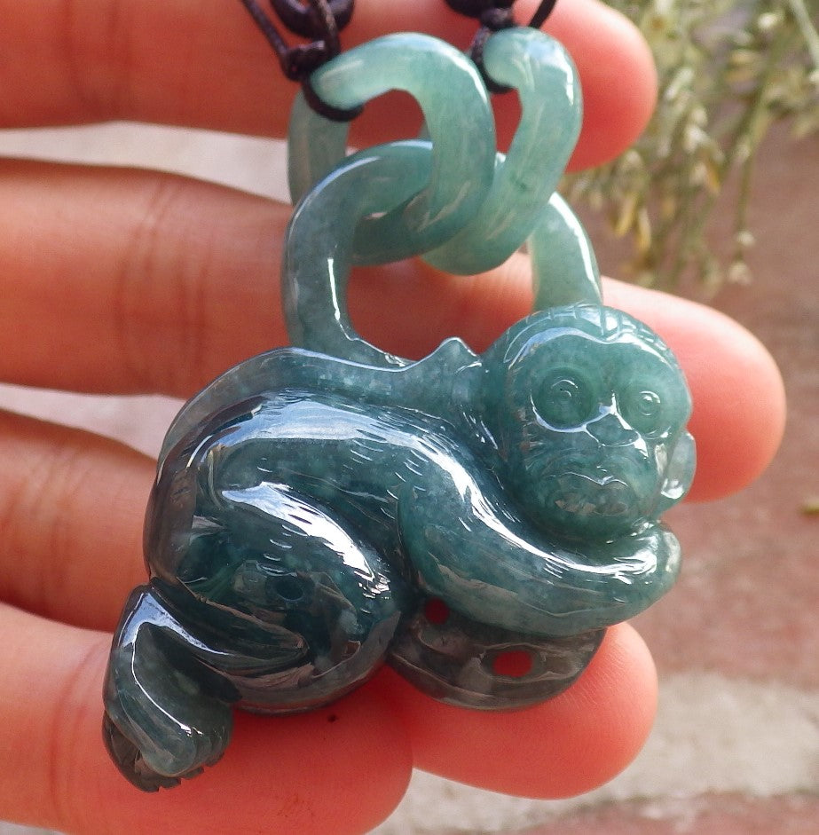 Certified Icy Green Burma 100% Natural A Jade jadeite Pendant Monkey Peach W Ring 猴子 644945  TN