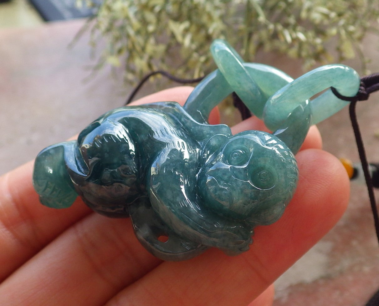 Certified Icy Green Burma 100% Natural A Jade jadeite Pendant Monkey Peach W Ring 猴子 644945  TN