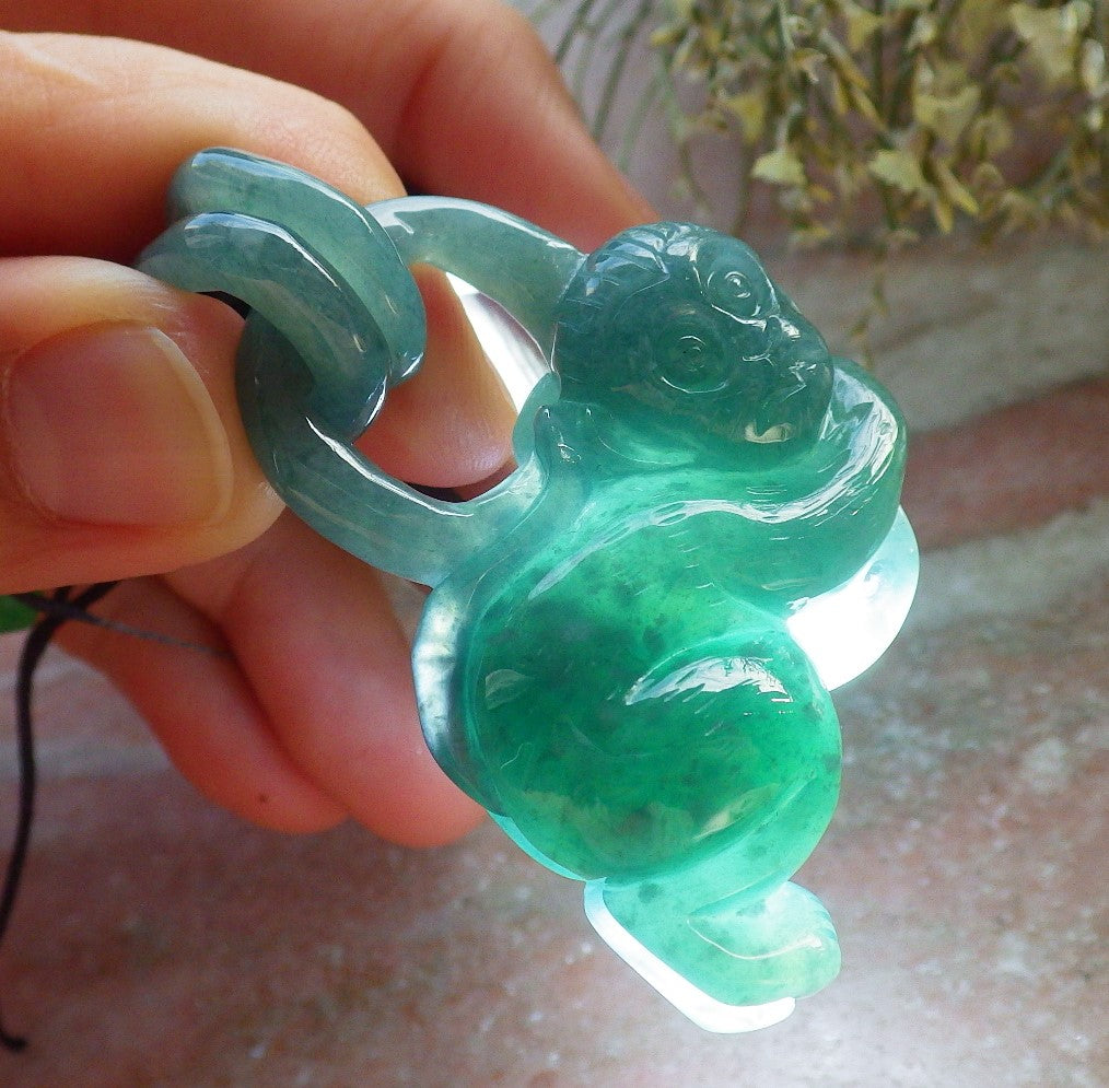 Certified Icy Green Burma 100% Natural A Jade jadeite Pendant Monkey Peach W Ring 猴子 644945  TN