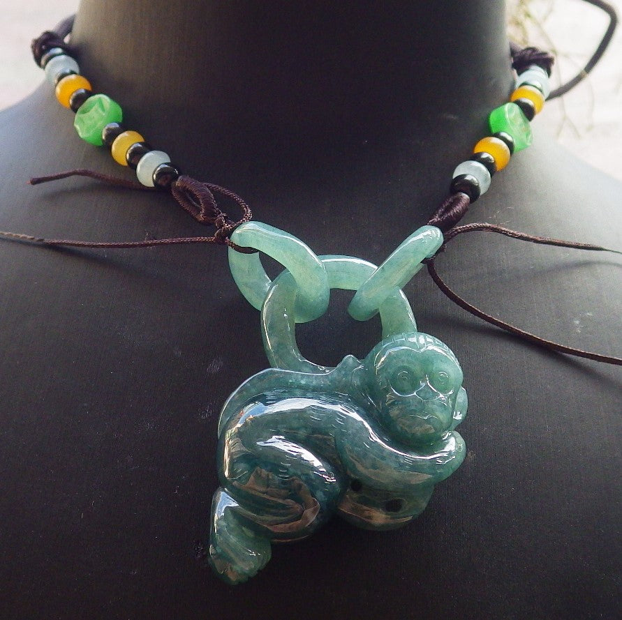 Certified Icy Green Burma 100% Natural A Jade jadeite Pendant Monkey Peach W Ring 猴子 644945  TN