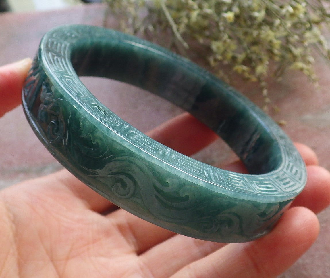 Certified JADE Jadeite Dragon Phoenix Bangle Bracelet 64 mm 645165 TN