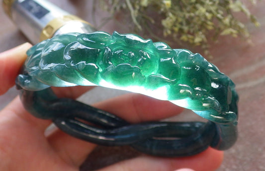 Certified Icy Green Burma 100% Natural A JADE Jadeite Flower Knotted Bangle Bracelet 63 mm 手镯 645191  TN
