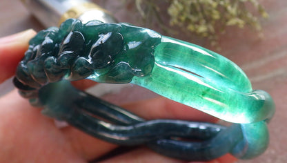 Certified Icy Green Burma 100% Natural A JADE Jadeite Flower Knotted Bangle Bracelet 63 mm 手镯 645191  TN