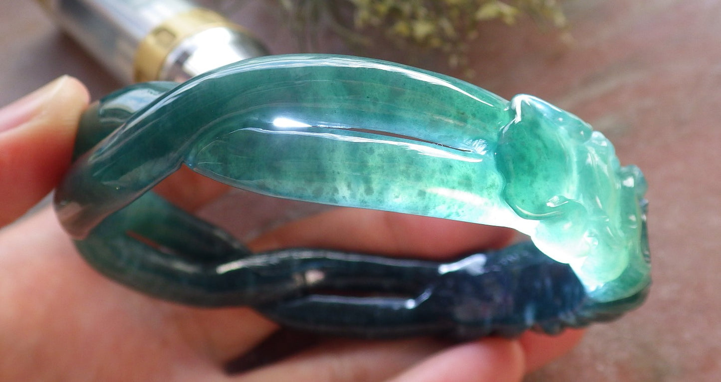 Certified Icy Green Burma 100% Natural A JADE Jadeite Flower Knotted Bangle Bracelet 63 mm 手镯 645191  TN