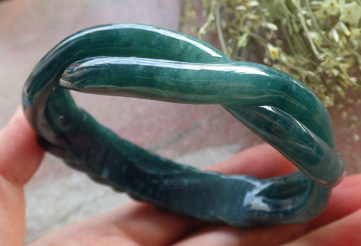 Certified Icy Green Burma 100% Natural A JADE Jadeite Flower Knotted Bangle Bracelet 63 mm 手镯 645191  TN