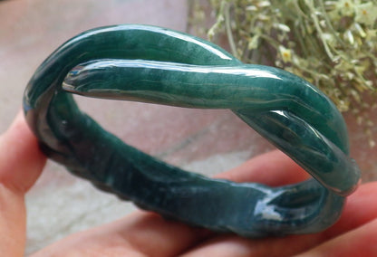 Certified Icy Green Burma 100% Natural A JADE Jadeite Flower Knotted Bangle Bracelet 63 mm 手镯 645191  TN