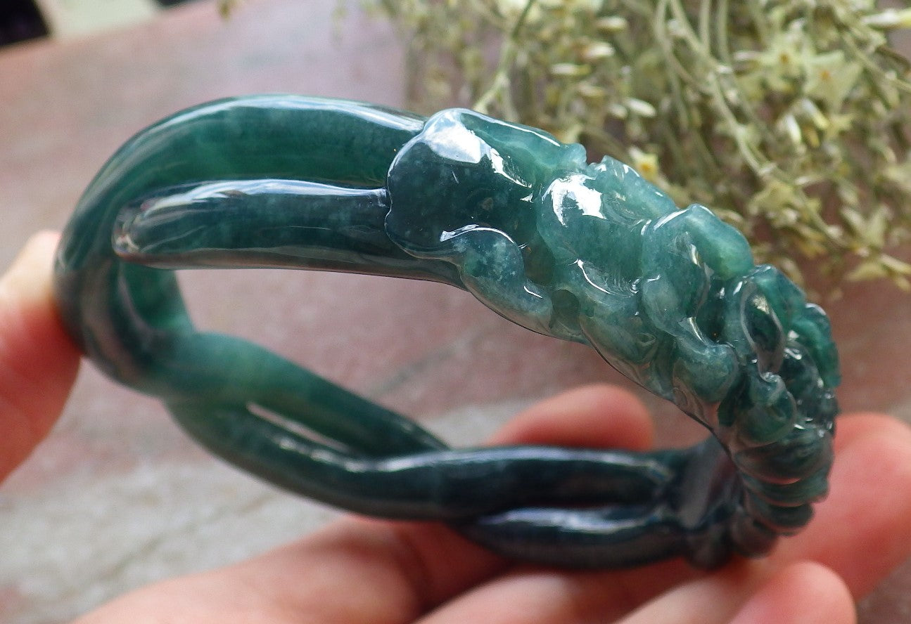 Certified Icy Green Burma 100% Natural A JADE Jadeite Flower Knotted Bangle Bracelet 63 mm 手镯 645191  TN
