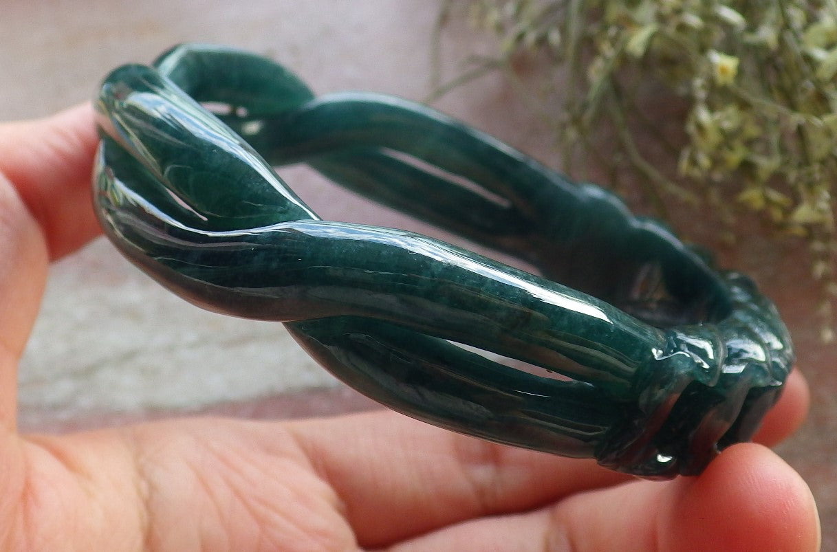 Certified Icy Green Burma 100% Natural A JADE Jadeite Flower Knotted Bangle Bracelet 63 mm 手镯 645191  TN