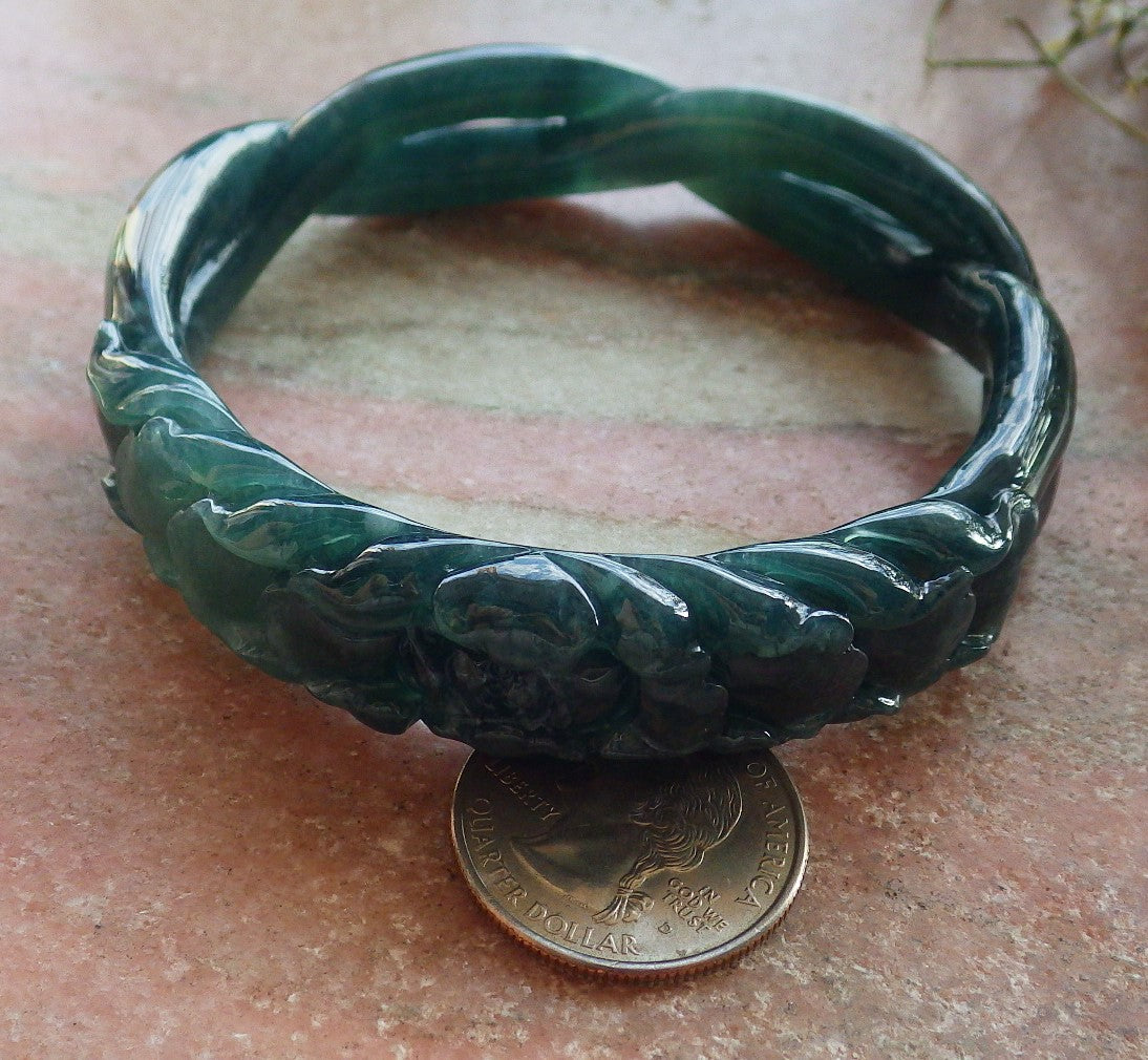 Certified Icy Green Burma 100% Natural A JADE Jadeite Flower Knotted Bangle Bracelet 63 mm 手镯 645191  TN