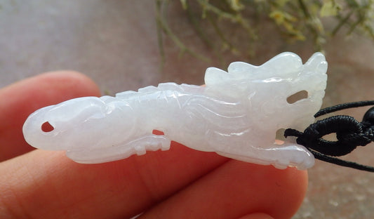Certified Icy White Burma 100% Natural A Jade jadeite Pendant Dragon Necklace 生意兴隆 645243  TN