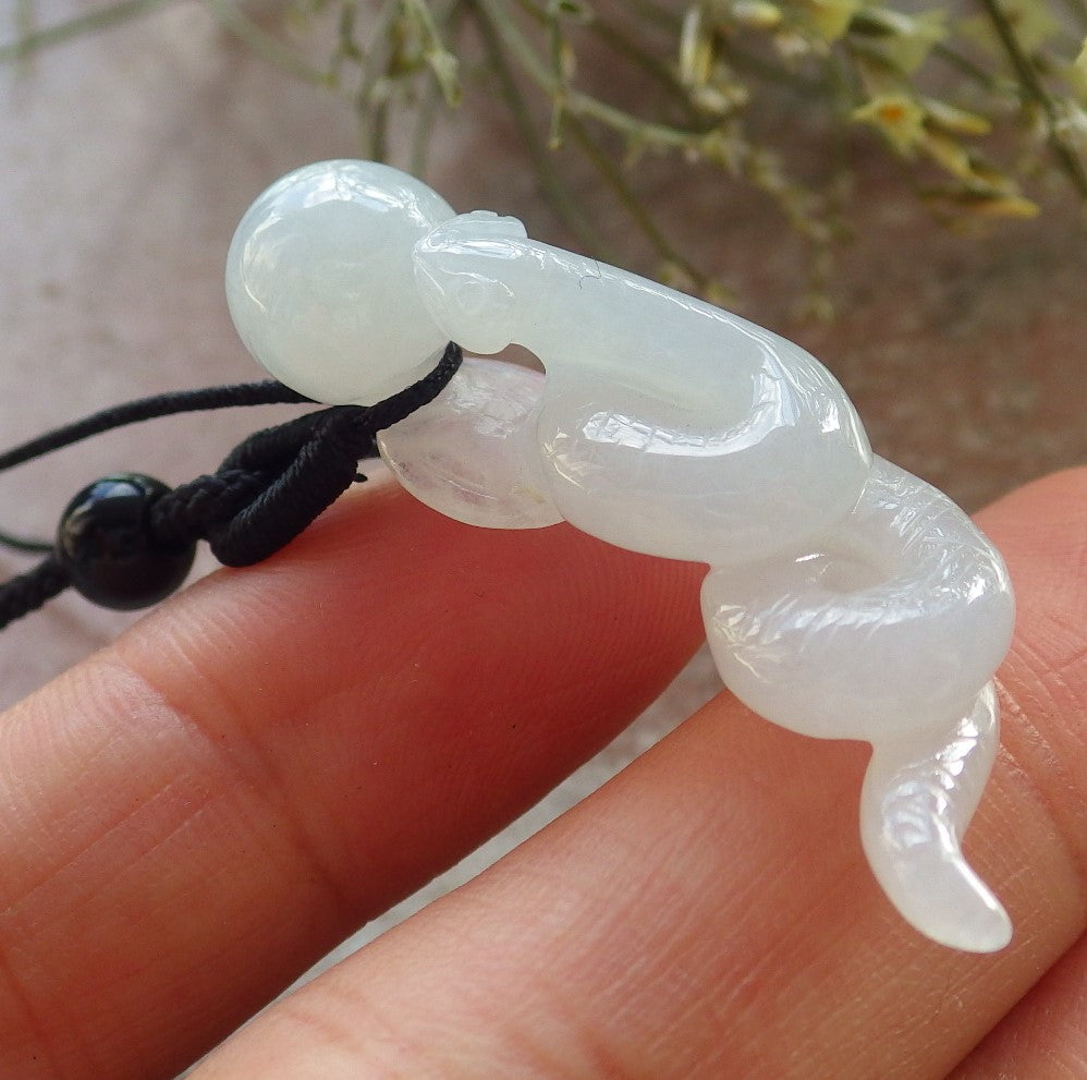 Certified Icy White Burma 100% Natural A Jade jadeite pendant Snake Money Coin Necklace 招财蛇 645250  TN