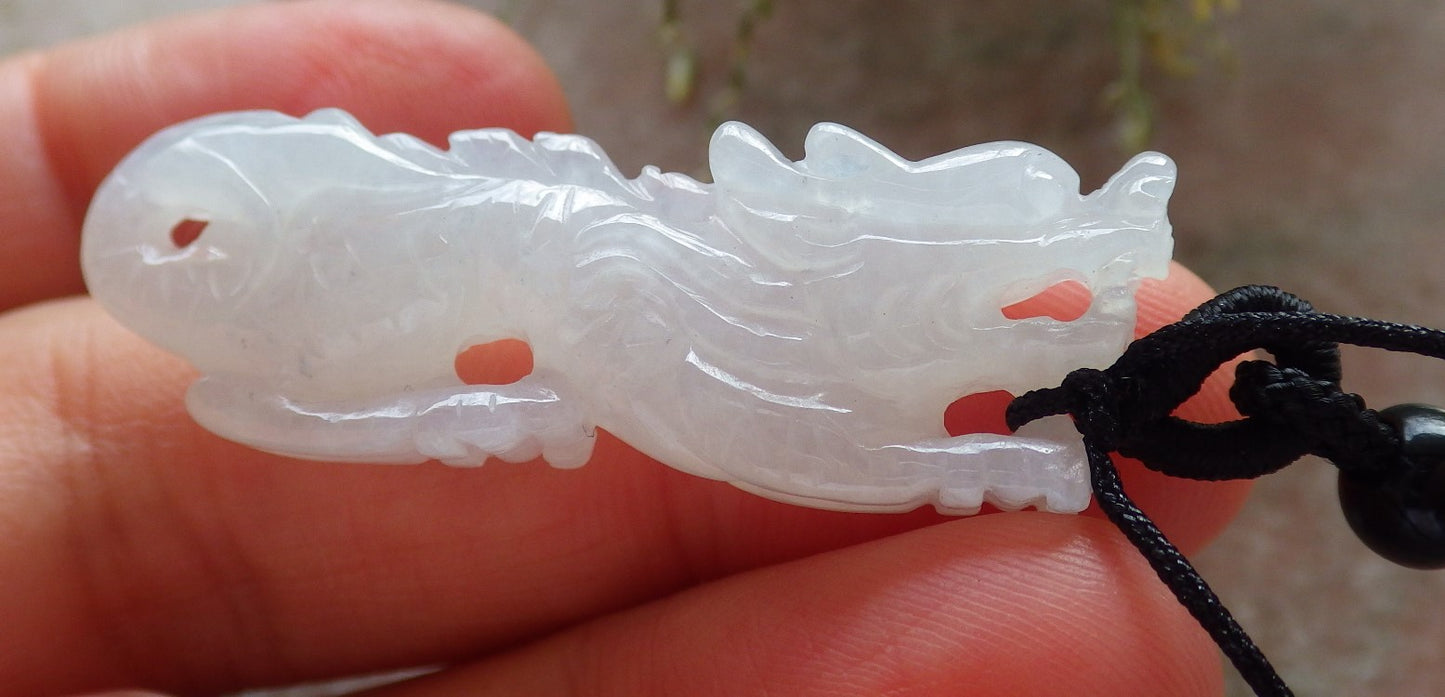 Certified Icy White Burma 100% Natural A Jade jadeite Pendant Dragon Necklace 生意兴隆 645293 TN